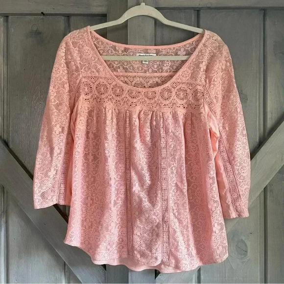 American Eagle- Peach peasant Lace Blouse 3/4 sleeves soft girl boho - Picture 1 of 5